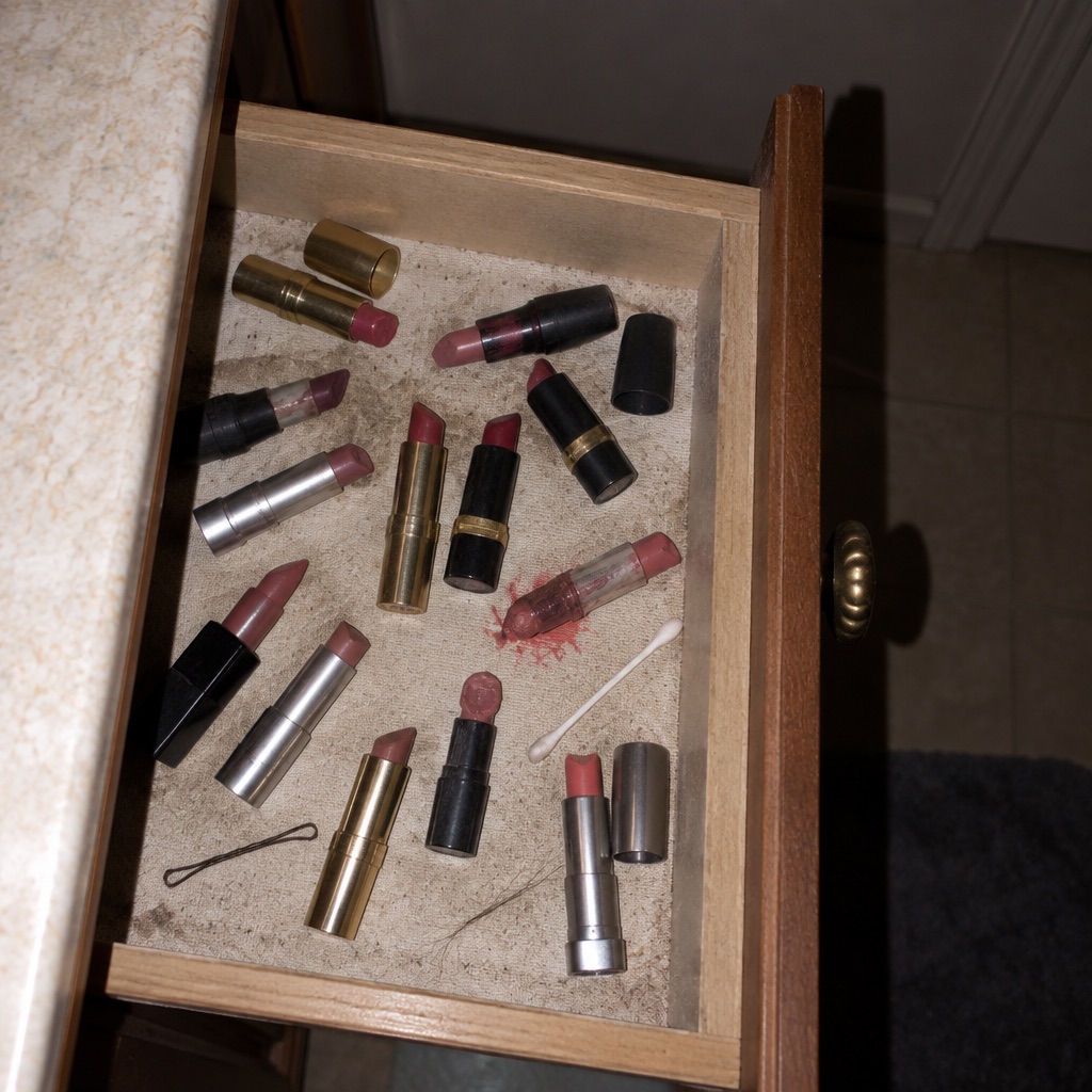 An open bathroom drawer filled with used lipstick tubes