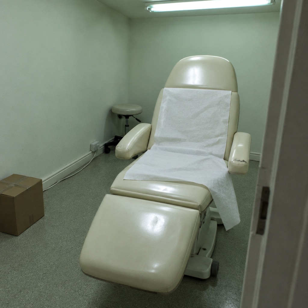An empty treatment chair in a clinic room